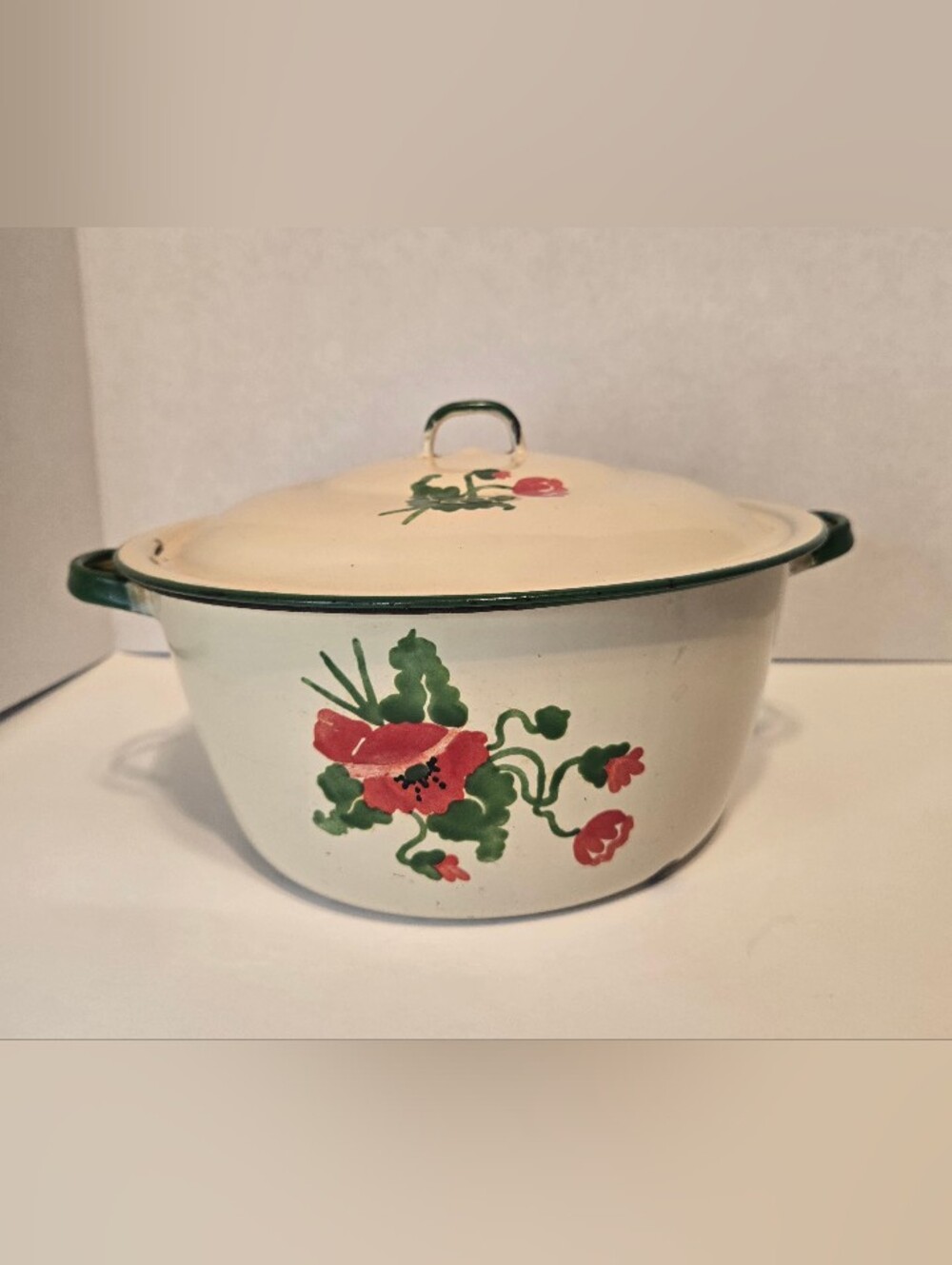 Vintage 1970s Cream Enamel Pot with Red Floral Design,Green Trim.